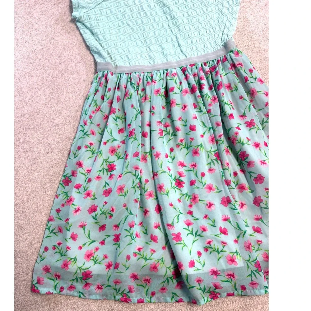 Girls Childrens Place Floral Dress Size L Green Pink Flutter Sleeve‎ Twirl Party
